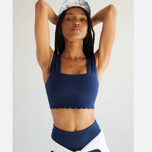 NWT Free People Suns Out Cami Blue Navy Cropped Tank Crisscross Scalloped Hem - Picture 11 of 12